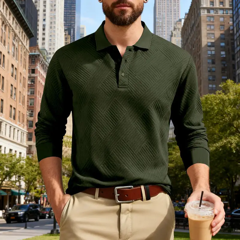 Jacquard Long Sleeve Fine Knit Polo Shirt