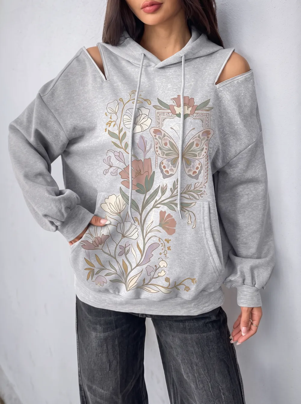 Women's Boho Butterfly Floral Printed Cold Shoulder Hoodie