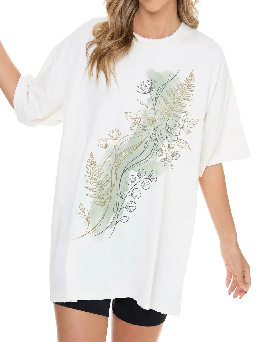Women's Botanical Nature Lover Fern Flower Printed T-shirt
