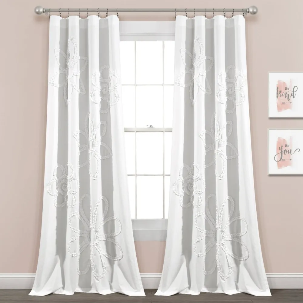 Farmhouse Floral Sheer Rod Pocket Ruffle Curtain Panel Set