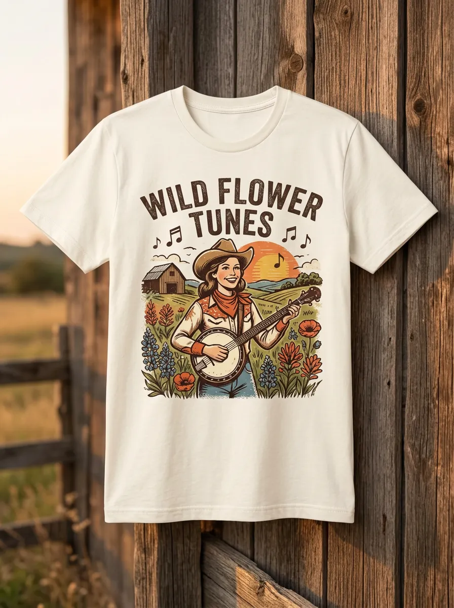 Banjo Wildflower Country Music Crewneck T-Shirt