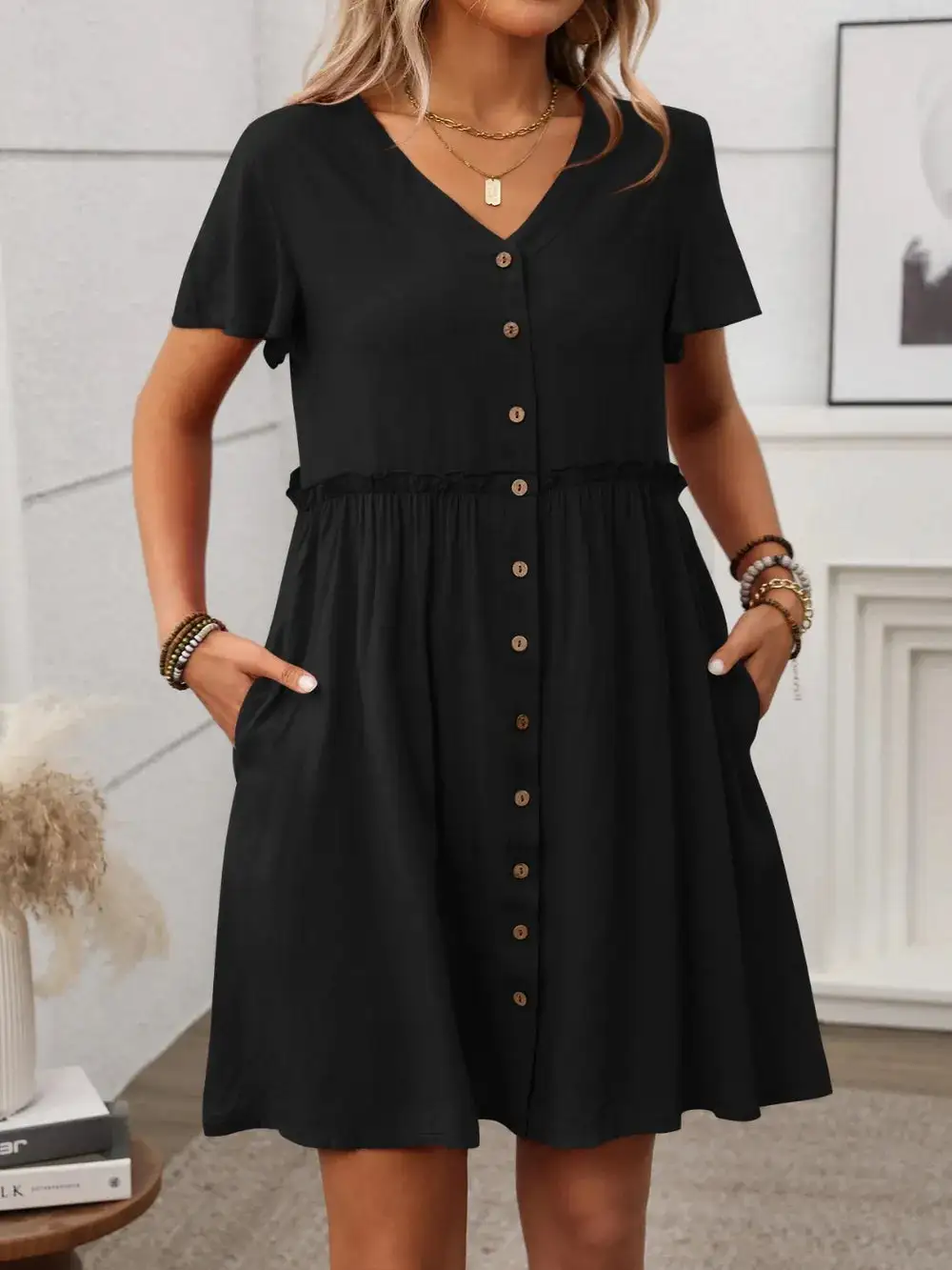 Flutter Sleeve Button Front Dress