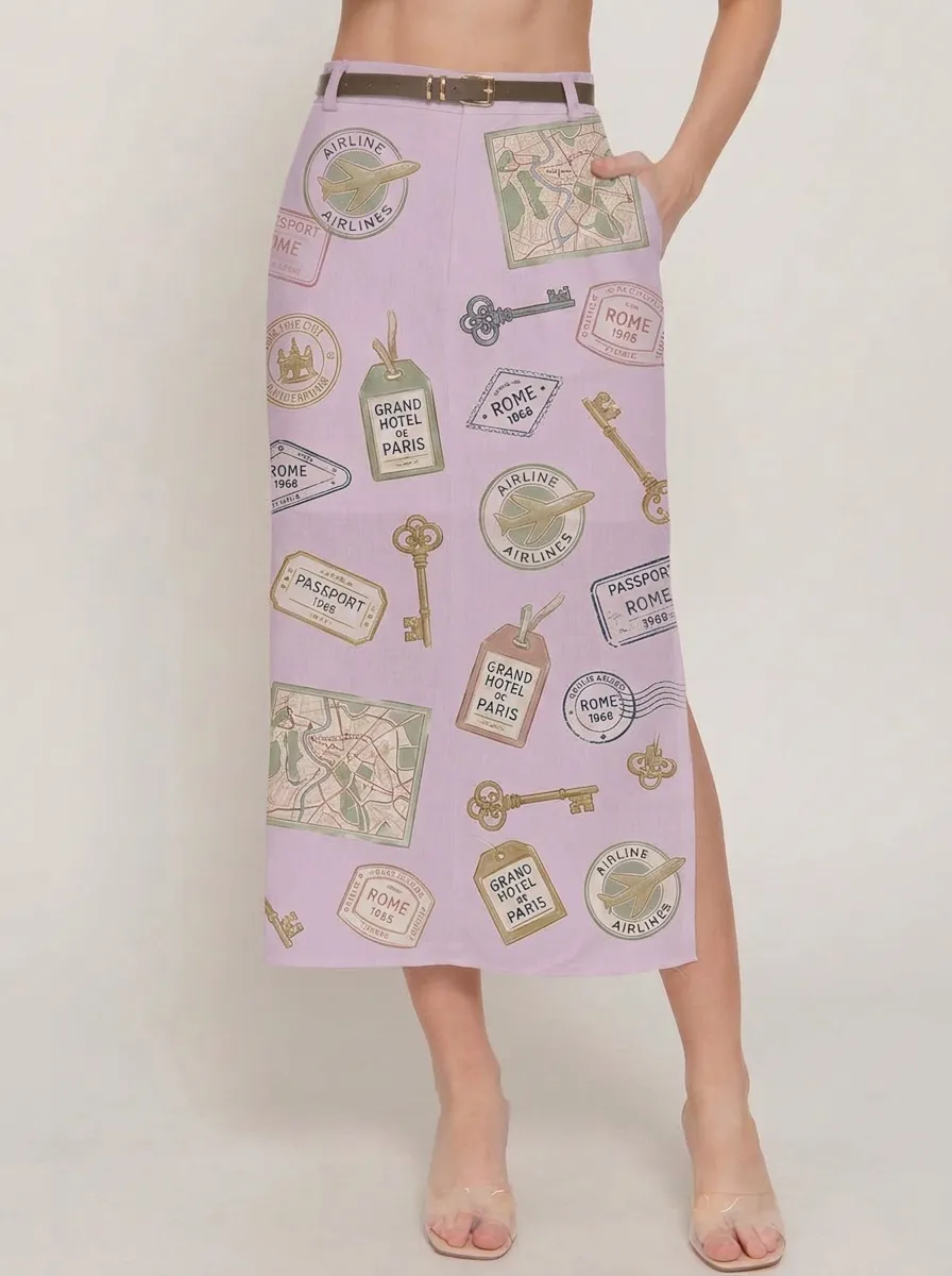 Women's Travel Lover Vintage Stamp Map Printed Midi Skirt