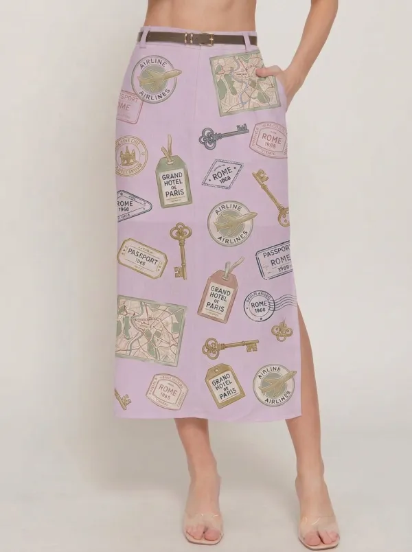 Women's Travel Lover Vintage Stamp Map Printed Midi Skirt