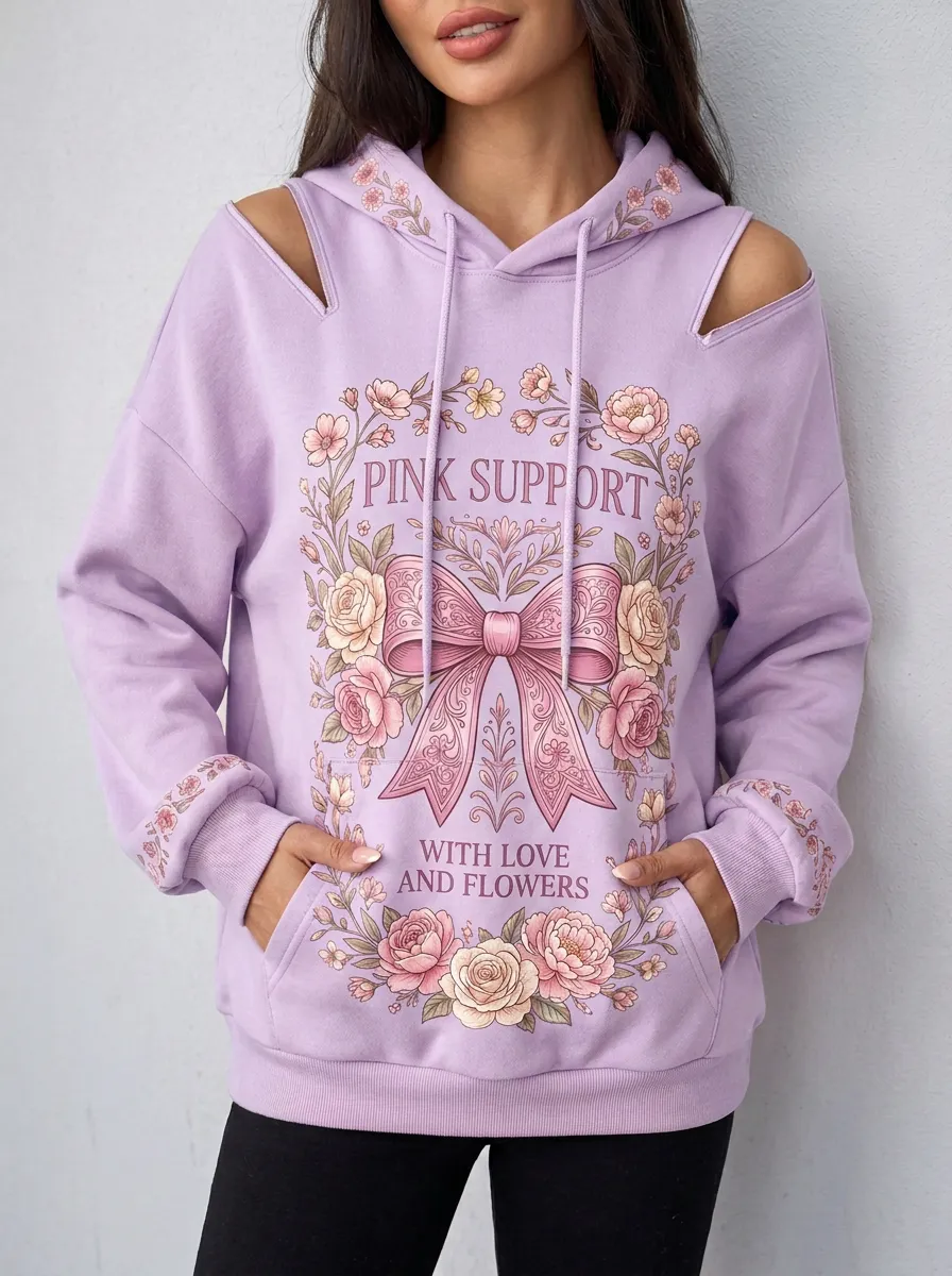 Women's Breast Cancer Awareness Floral Bow Printed Cold Shoulder Hoodie