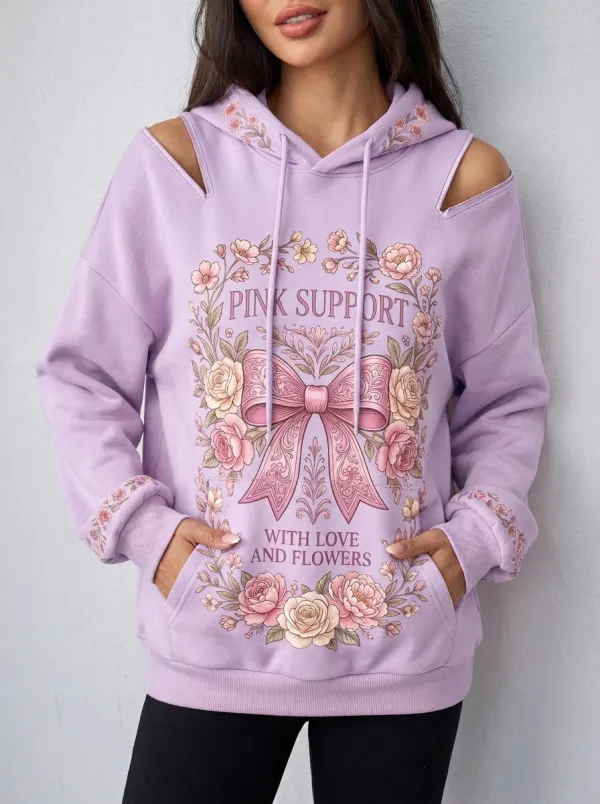 Women's Breast Cancer Awareness Floral Bow Printed Cold Shoulder Hoodie