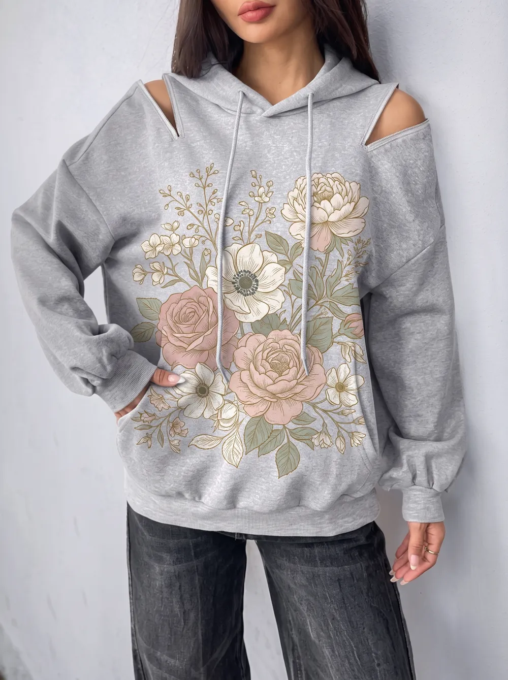 Women’s Botanical Floral Art Cold Shoulder Hoodie