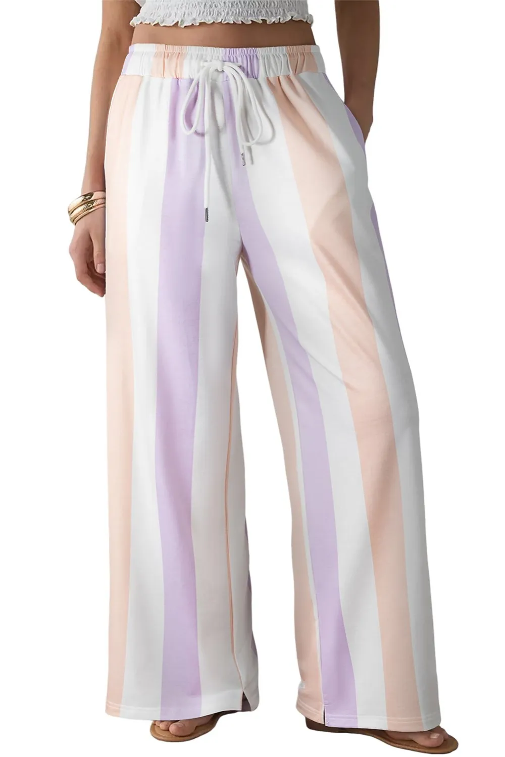 Striped High Waist Wide Leg Pocketed Casual Pants