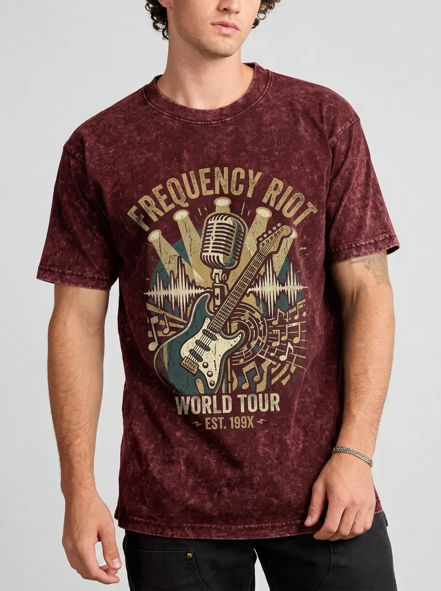 Men's Rock Band Frequency Riot Guitar Microphone Printed T-shirt