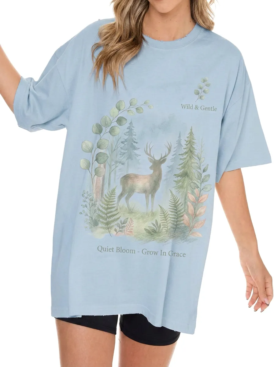 Women's Nature Lover Deer Forest Watercolor Printed T-shirt