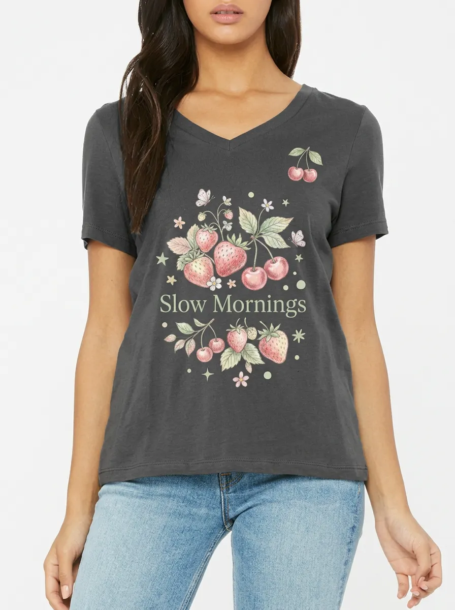Women's Slow Mornings Strawberry Cherry Butterfly Printed V-neck T-shirt