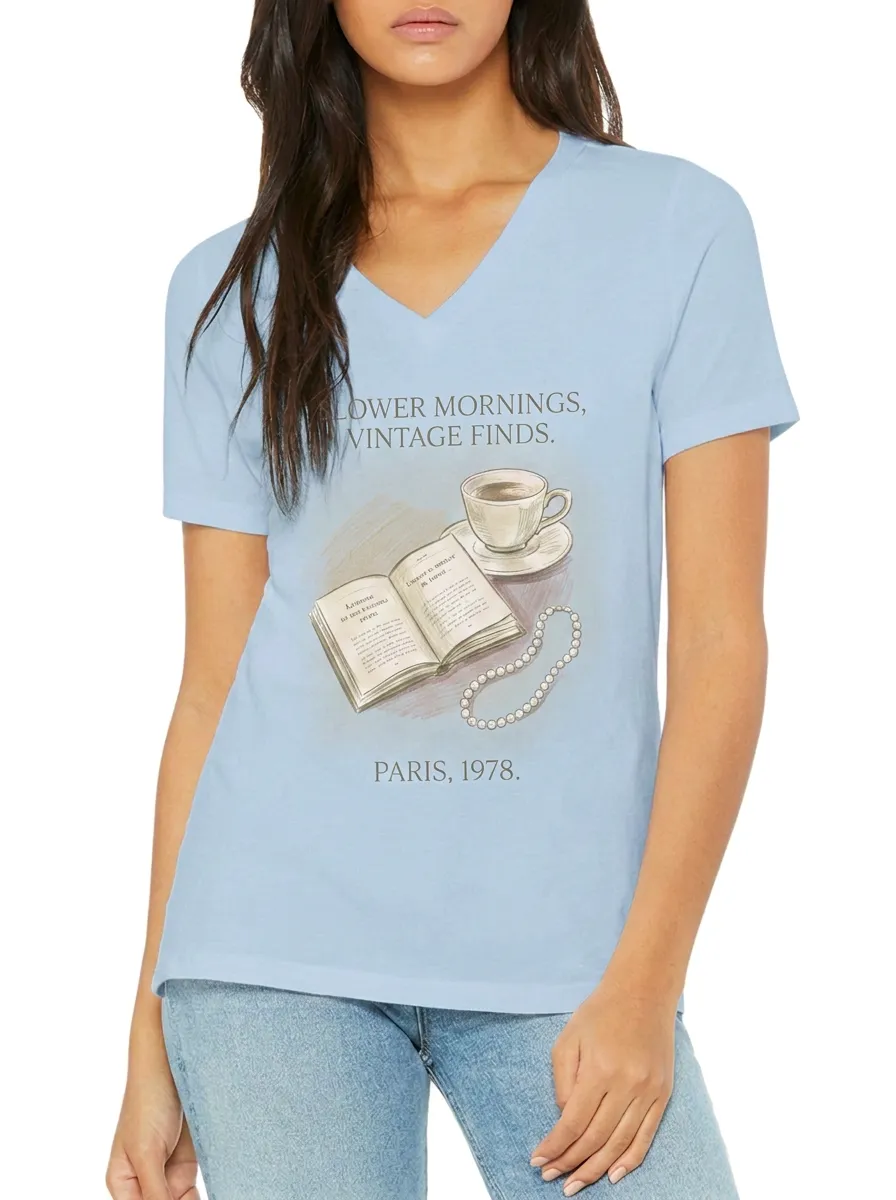 Women's Vintage Aesthetic Book Coffee Pearl Printed V-neck T-shirt