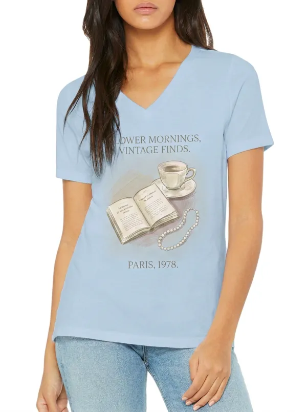 Women's Vintage Aesthetic Book Coffee Pearl Printed V-neck T-shirt