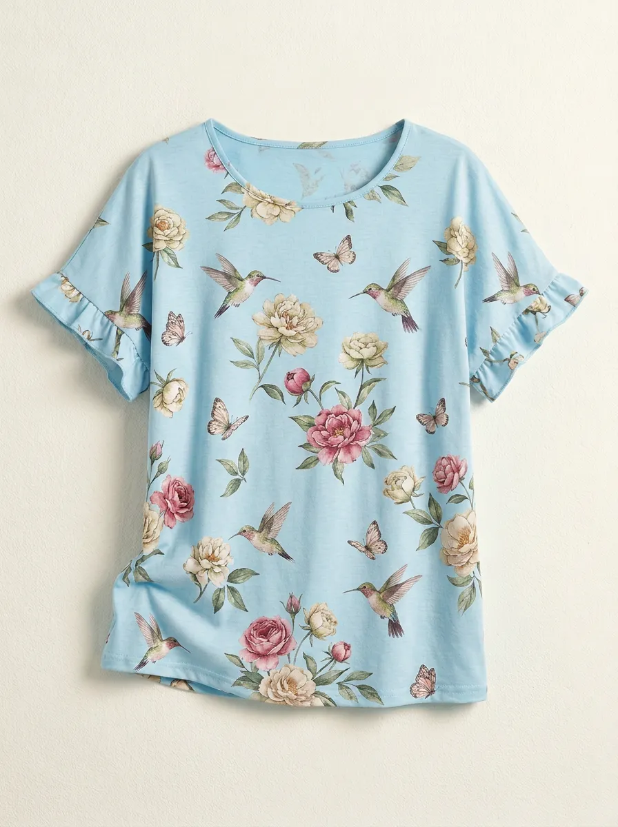 Hummingbird Butterfly Floral Women's Loose Printed T-Shirt
