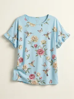 Hummingbird Butterfly Floral Women's Loose Printed T-Shirt