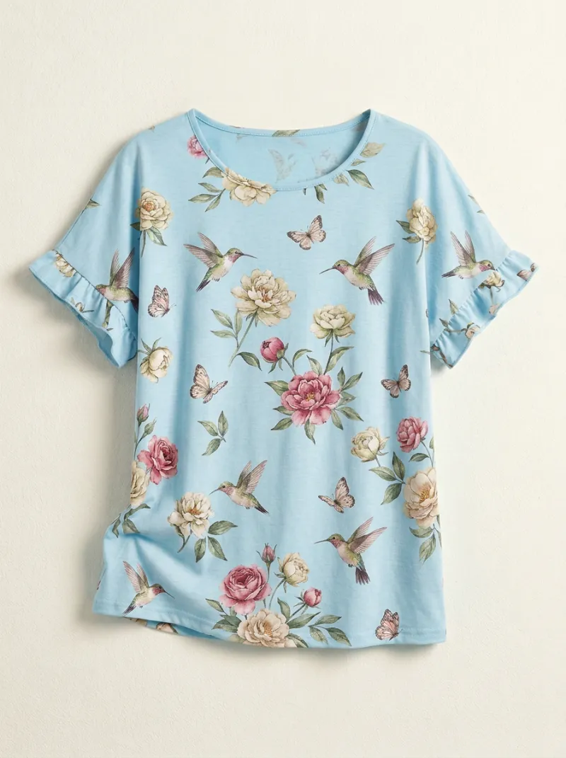 Hummingbird Butterfly Floral Women's Loose Printed T-Shirt