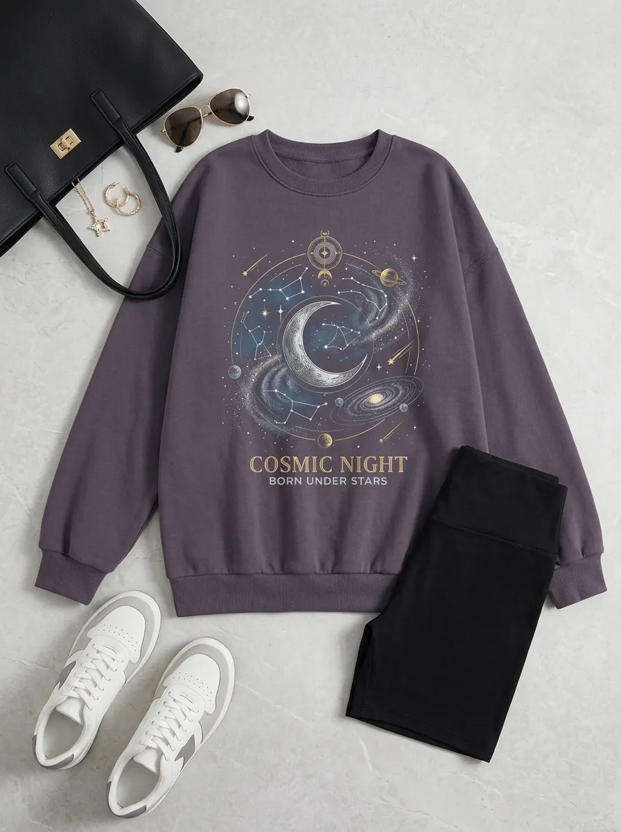 Women's Cosmic Night Astrology Moon Galaxy Printed T-shirt
