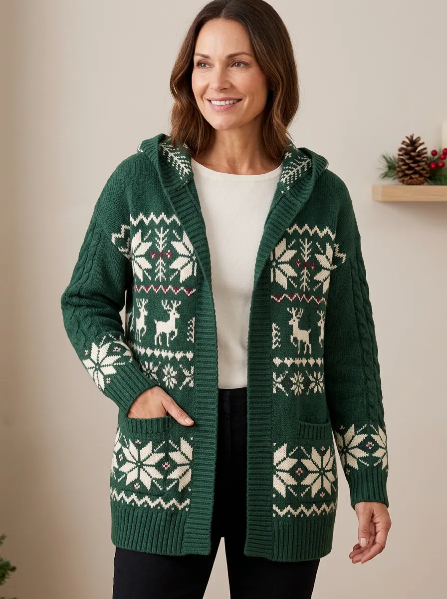 Christmas Reindeer Snowflake Pattern Knit Hooded Cardigan