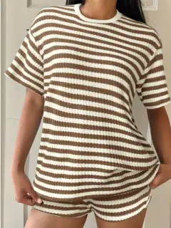 Easygoing Refined Striped Top and Shorts Matching Set