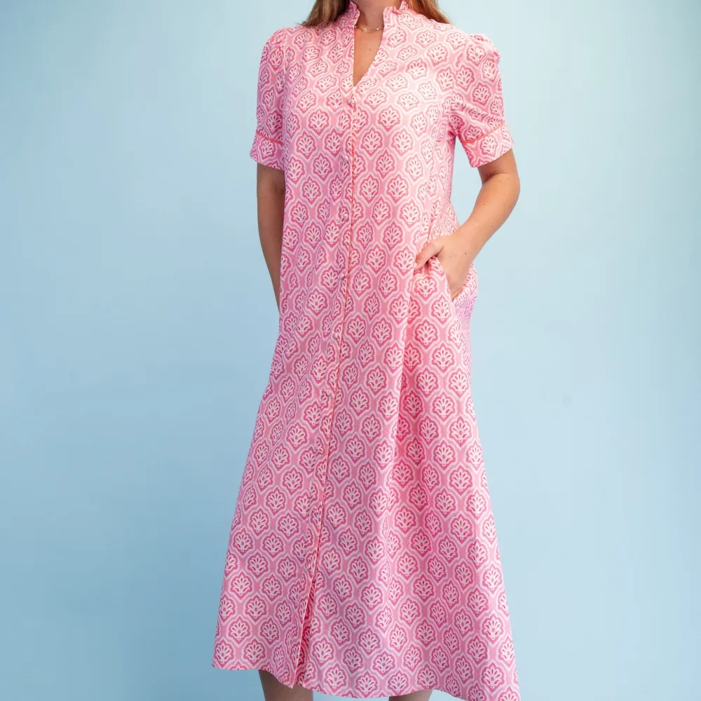 Modern Ruffle Detail Short Sleeve Button Front Mixed Print Dress
