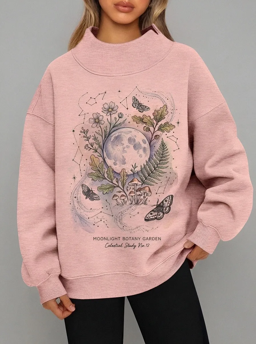 Women's Celestial Moon Botany Garden Moth Printed Sweatshirt