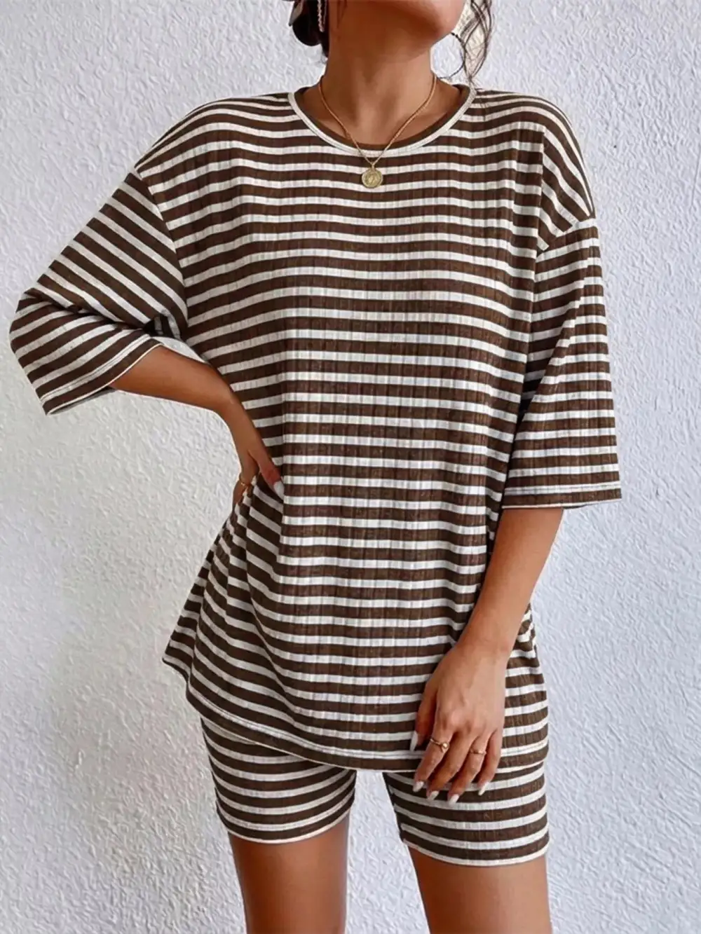 Striped Round Neck Top Shorts Set