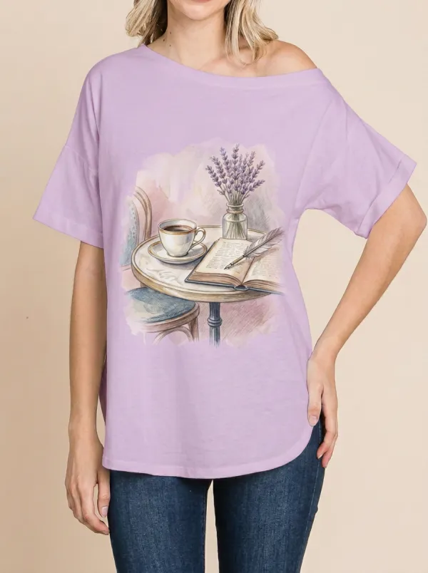 Women's Coffee Book Lavender Watercolor Printed T-shirt