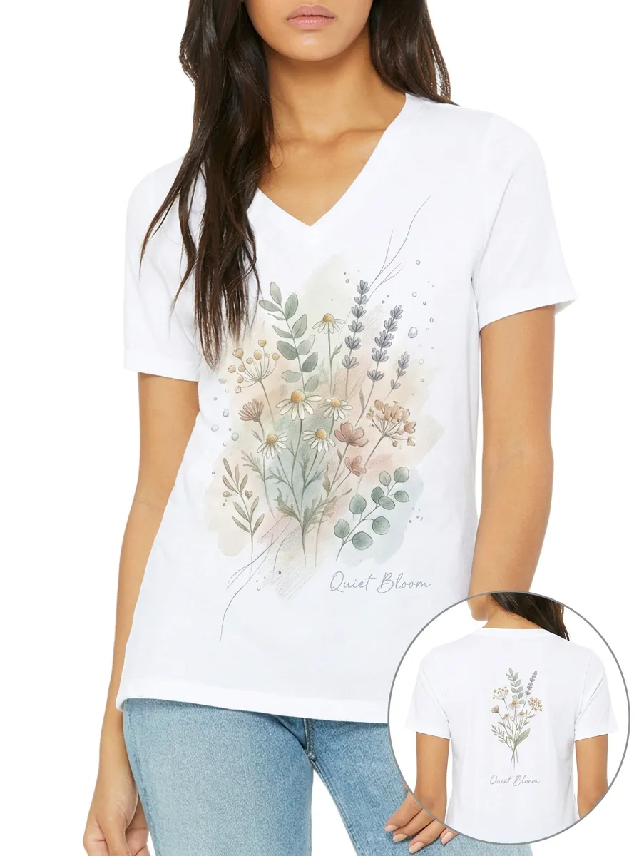 Women's Quiet Bloom Botanical Watercolor Printed V-neck T-shirt