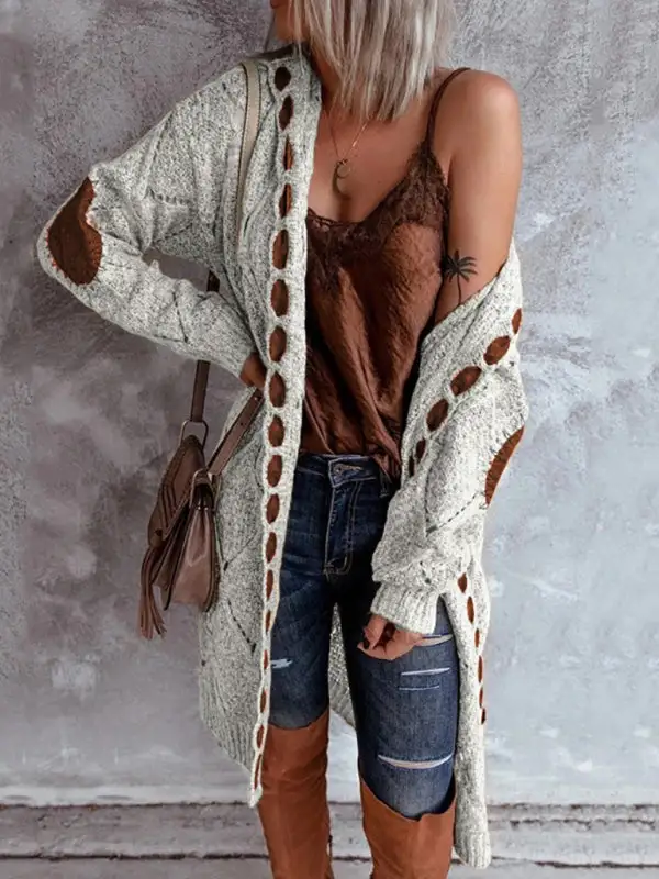 Hooded Long-Sleeve Drop-Shoulder Knit Cardigan