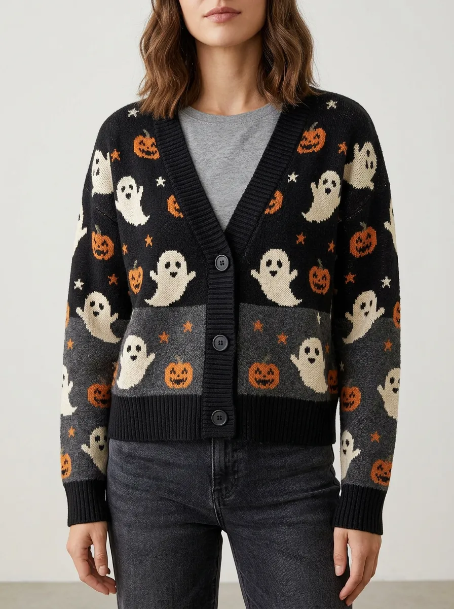 Women's Playful Ghost Pumpkin Halloween Knit Cardigan