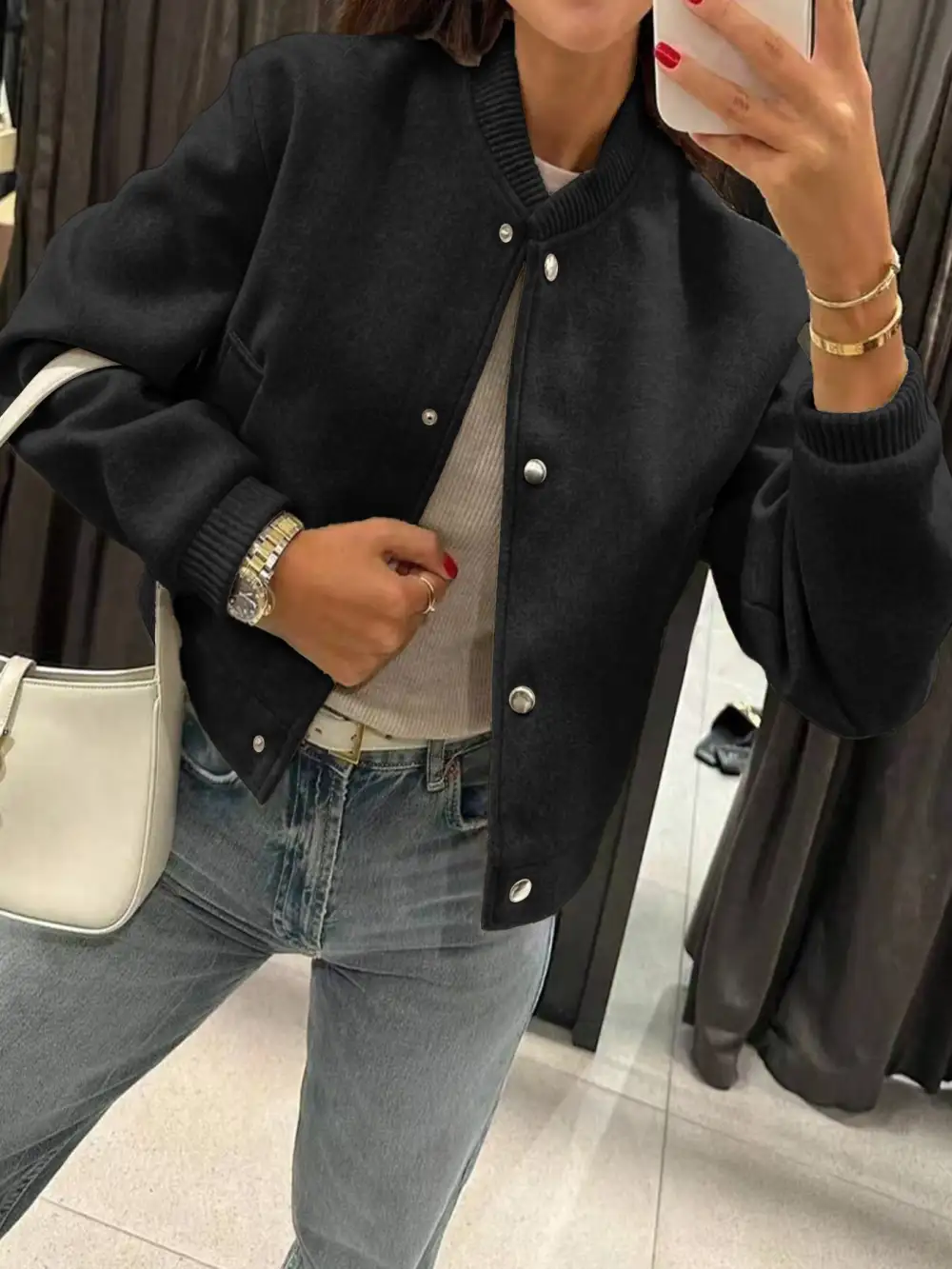 Cropped Teddy Ribbed Trim Bomber Jacket