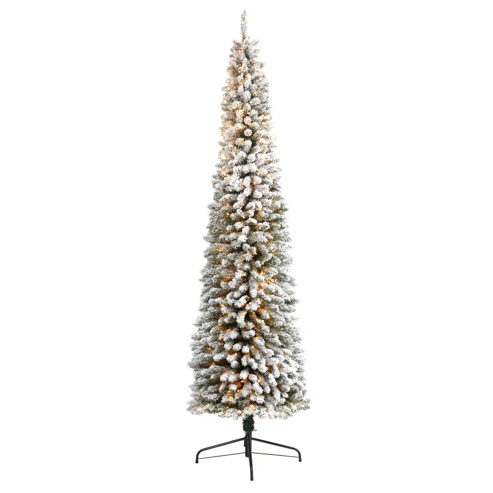 Flocked Pencil Artificial Christmas Tree with Clear Lights and Bendable Branches Botanical Accent