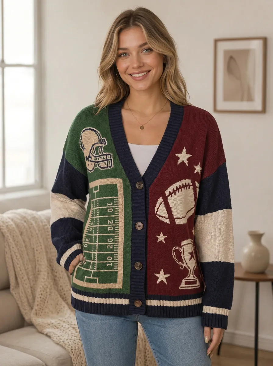 Women's Football Fan Helmet Field Trophy Pattern Knitted Cardigan