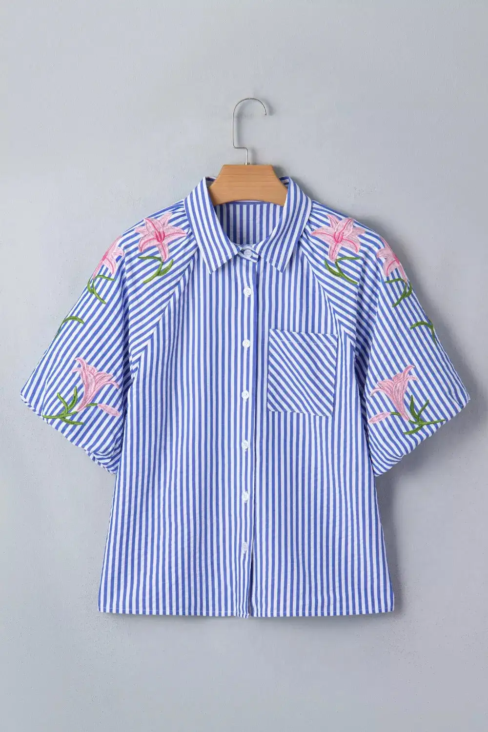 Striped Floral Embroidered Puff Sleeve Button Down
