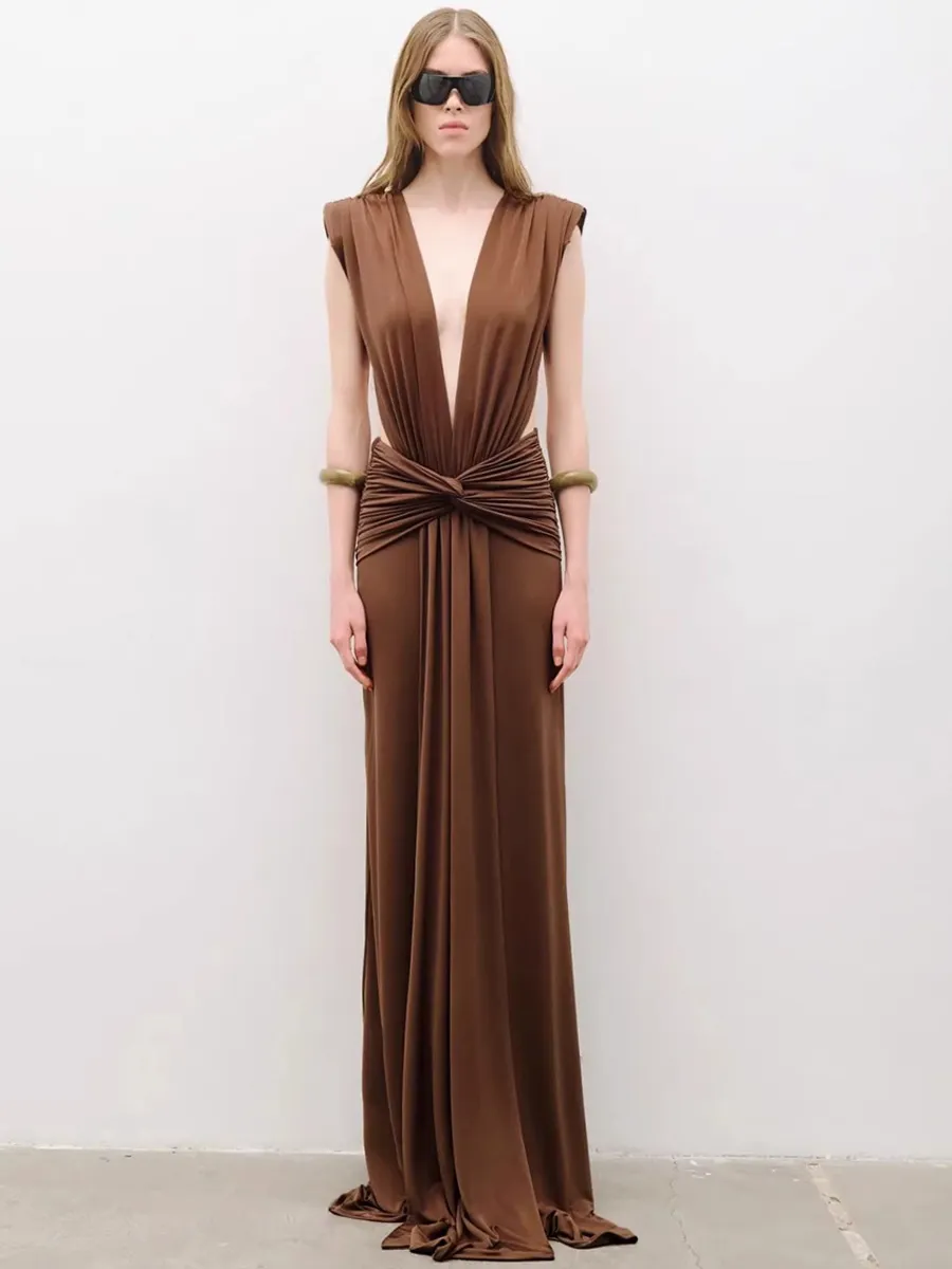 Clementine Pleated Deep V-Neck Maxi Dress