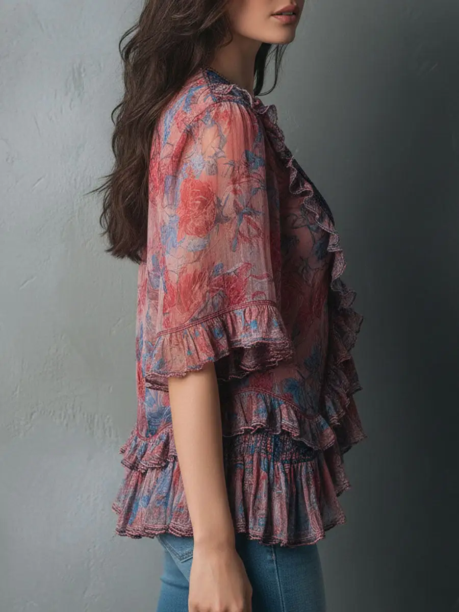 Boho Romantic V-Neck Sheer Floral Print Ruffle Blouse