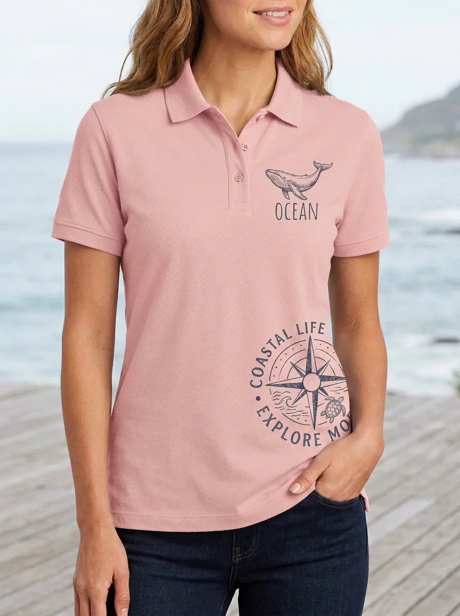 Women's Ocean Coastal Life Compass Printed Polo Shirt