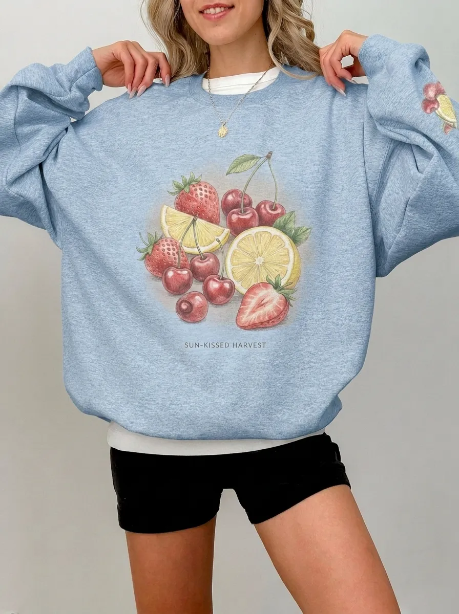 Women's Fruit Lover Strawberry Cherry Lemon Printed Sweatshirt