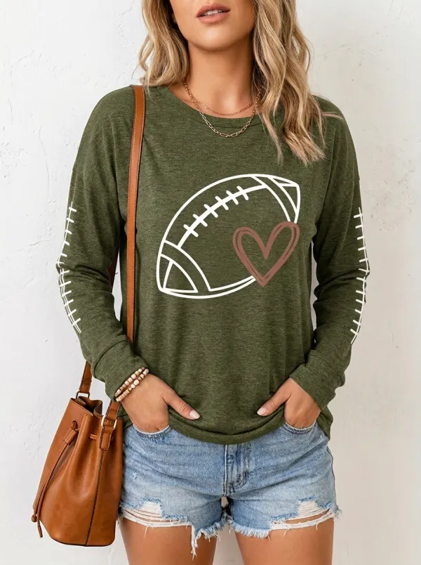 Women's Casual Gridiron Heart Ball Love Crewneck Long Sleeve T-Shirt