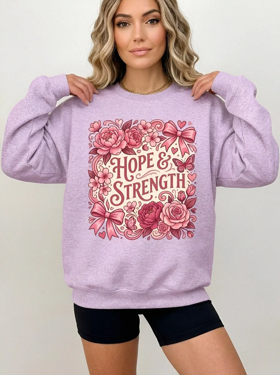 Women's Breast Cancer Awareness Hope Strength Floral Butterfly Printed Sweatshirt