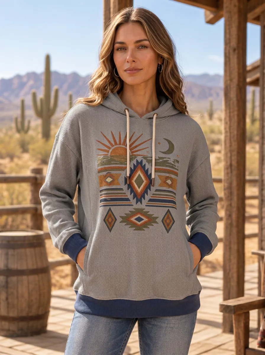 Women's Western Desert Sun Moon Geometric Printed Hoodie