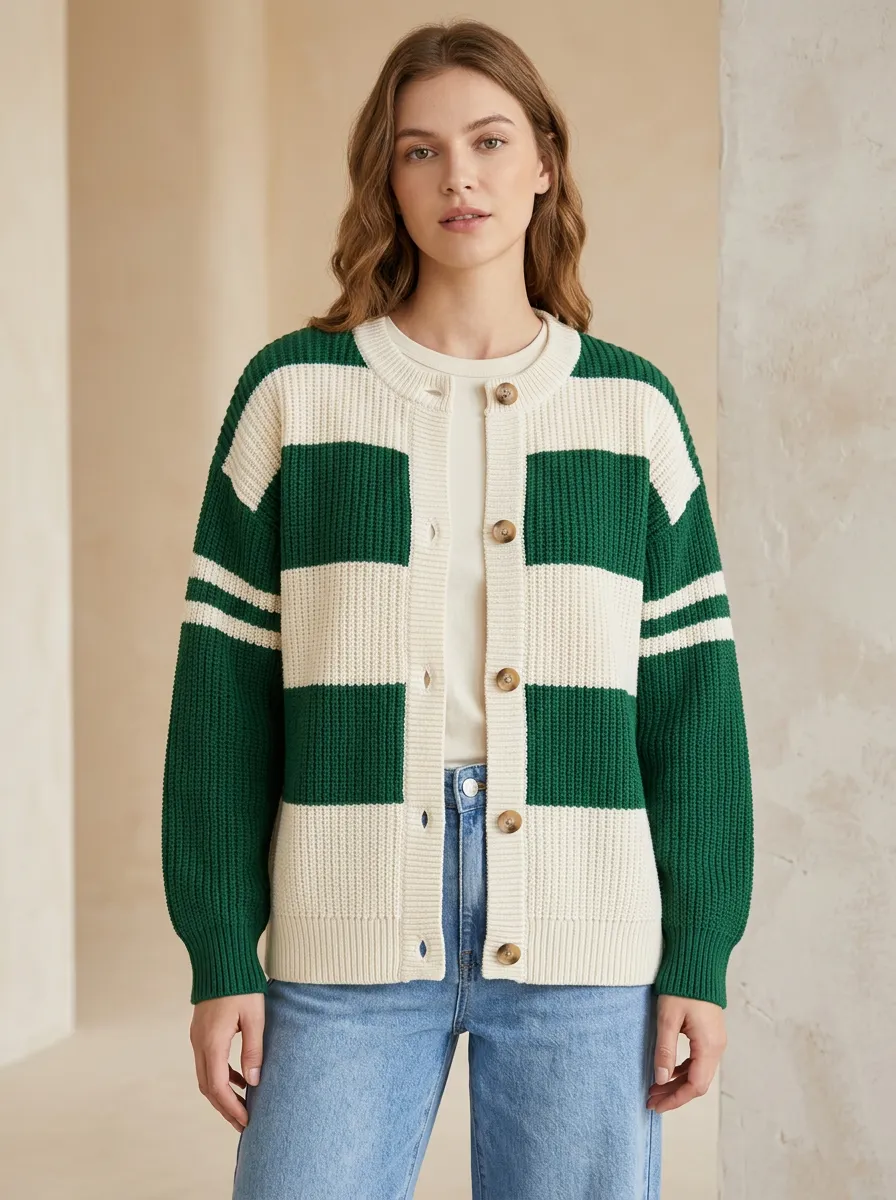 Field Inspired Distinctive Rugby Striped Knit Cardigan
