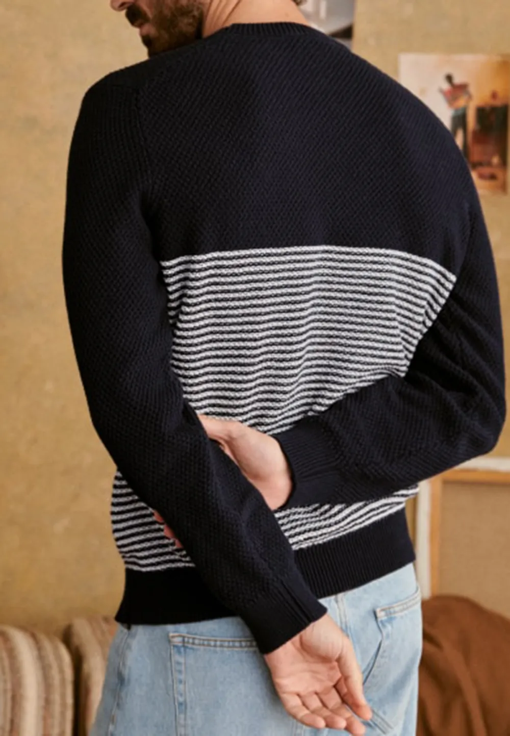 Navy Ecru Stripe Color Block Sweater