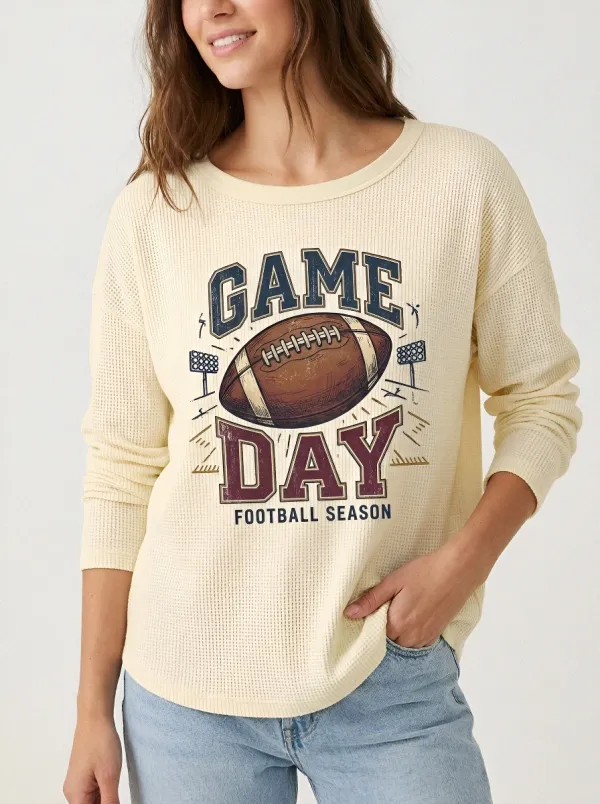 Women's American Football Game Day Graphic Printed Waffle T-Shirt