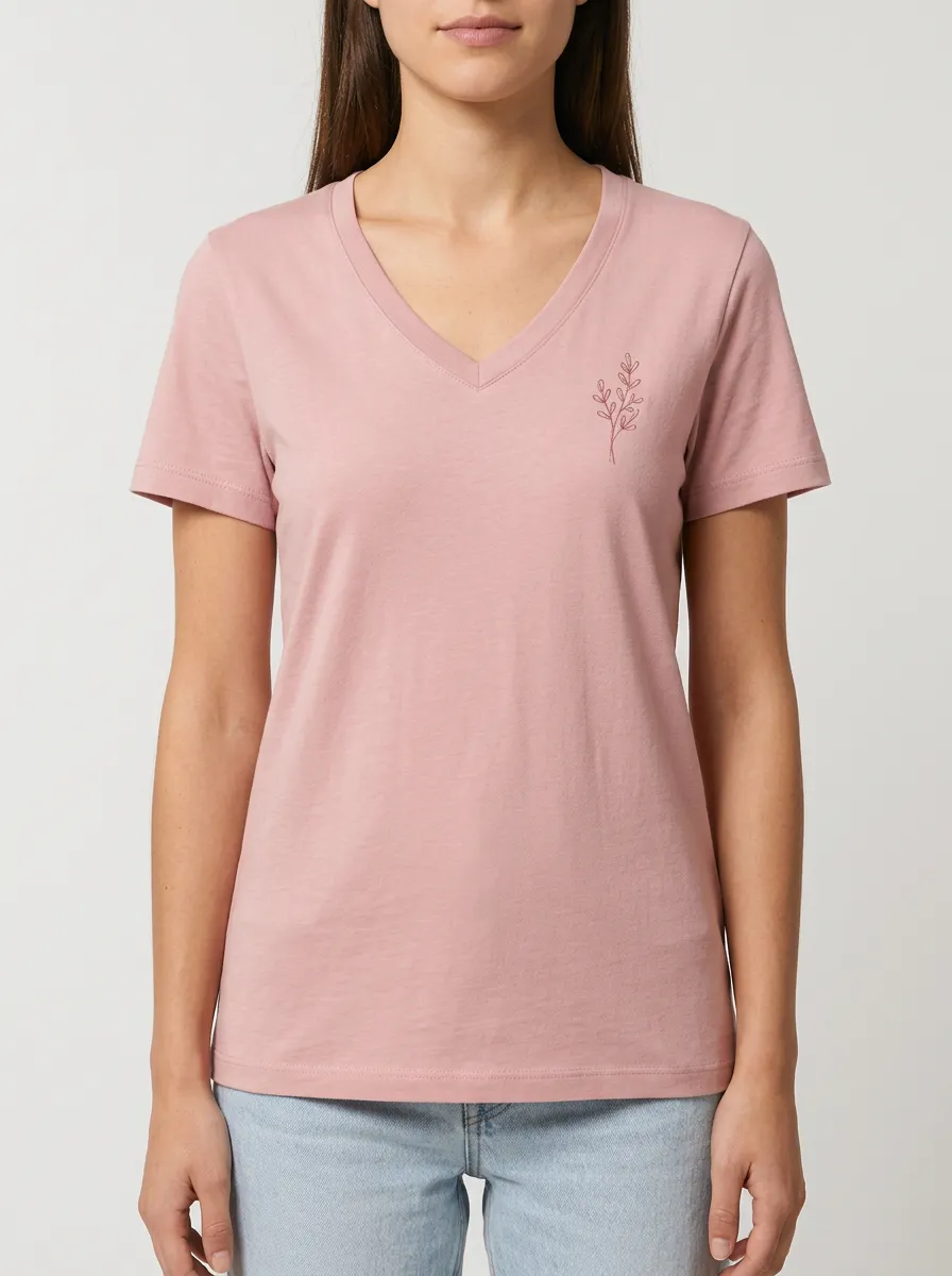 Women's Minimalist Botanical Leaf Printed V-Neck T-Shirt