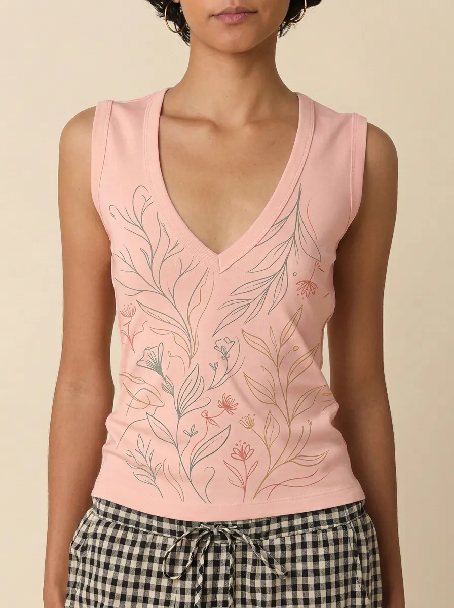Women's Botanical Nature Lover Floral Line Art Printed Tank Top