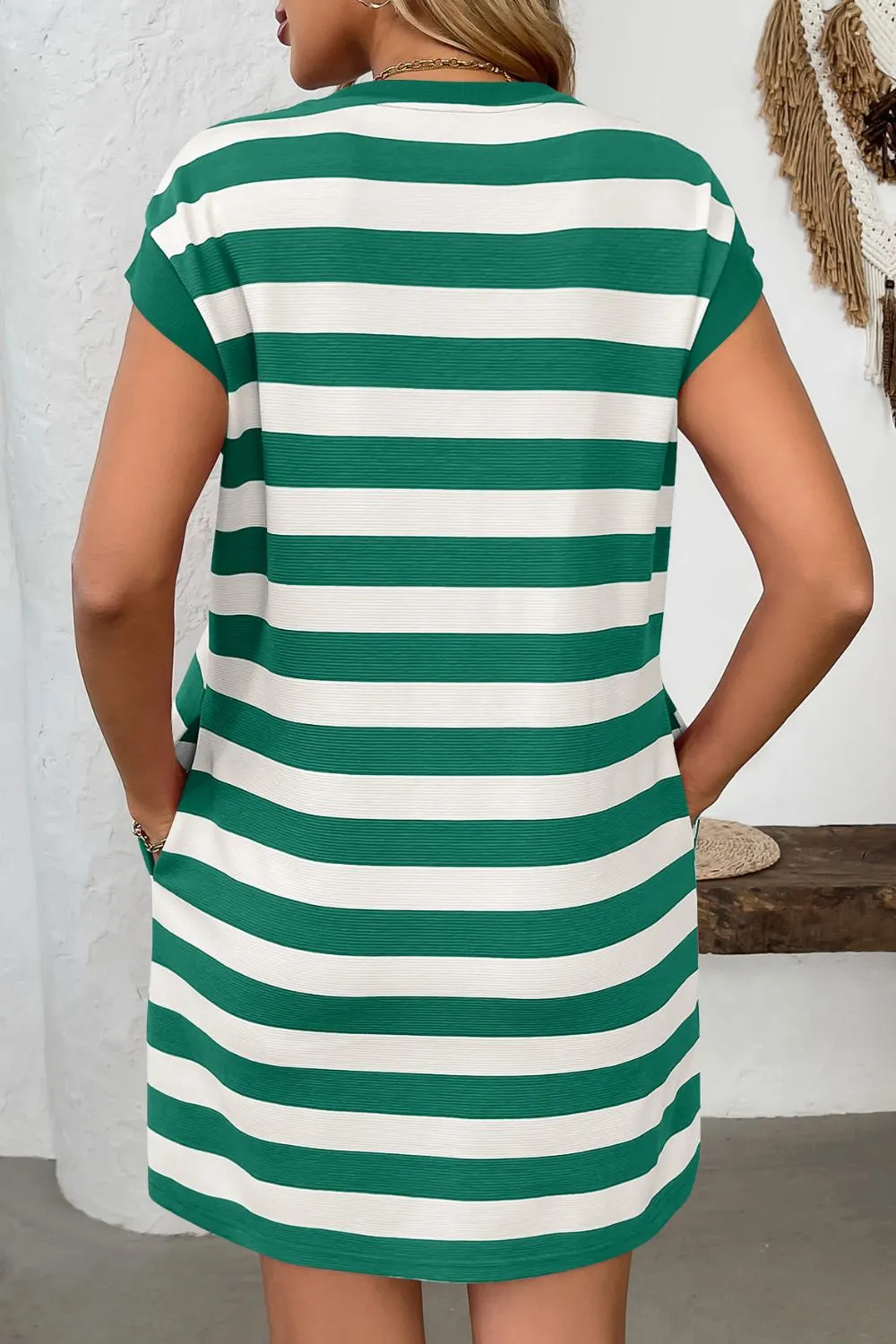 Round-Neck Short-Sleeve Striped Mini Dress
