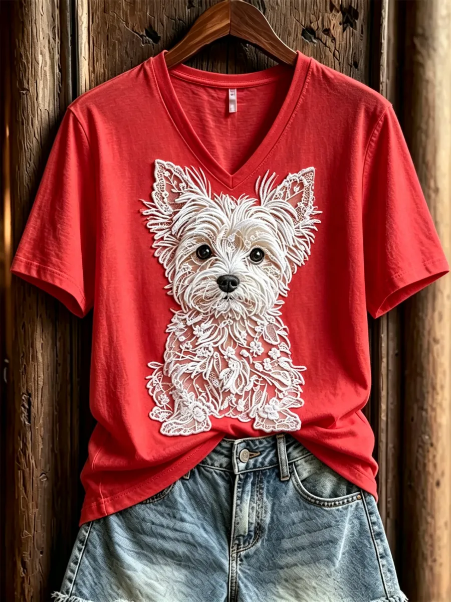 Women'S Dog Love Day Lace Art Pattern Printed V-Neck T-Shirt