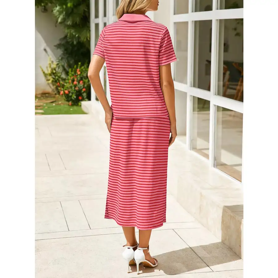 Modern Striped Polo Collar Top And Slit Skirt Two-Piece