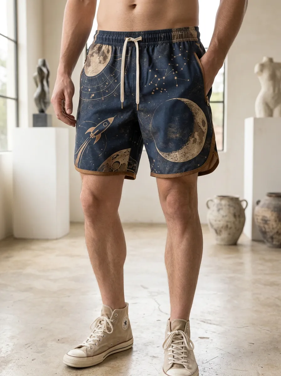 Men's Space Explorer Moon Rocket Drawstring Shorts